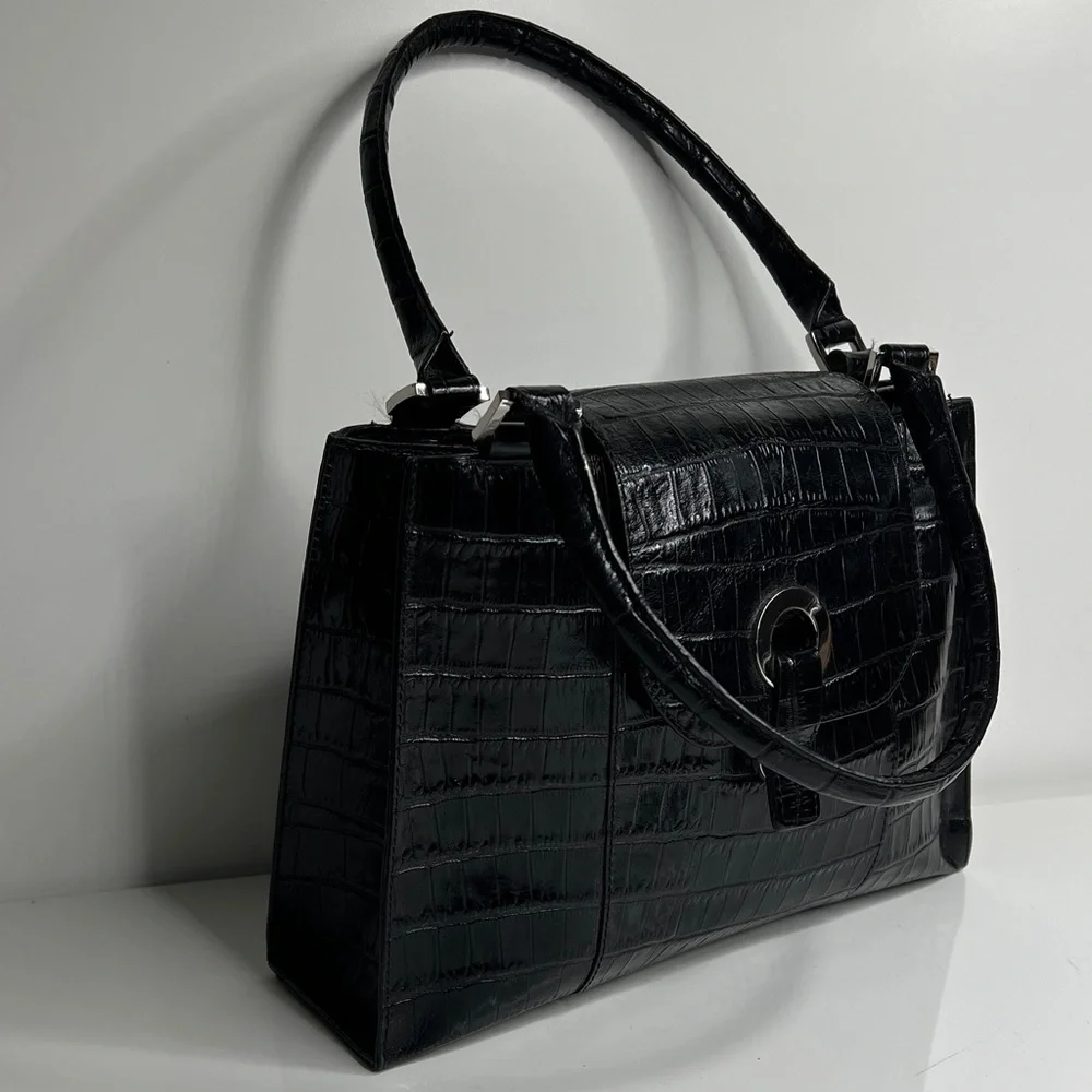 Bloomingdale’s Black Croc Embossed Leather Double Compartment Handbag